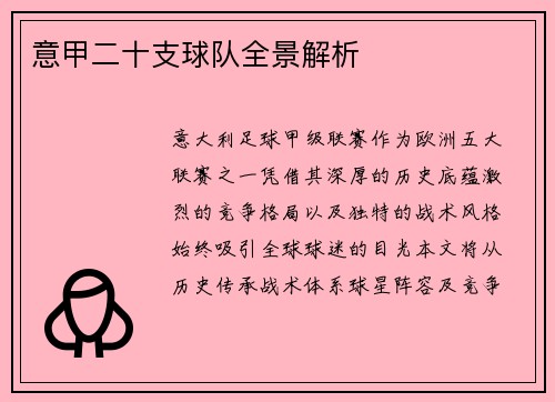 意甲二十支球队全景解析